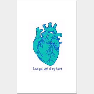 Love You With All My Heart, Teal and Blue Digital Illustration, Valentine's Day/ Anniversary Greeting Posters and Art